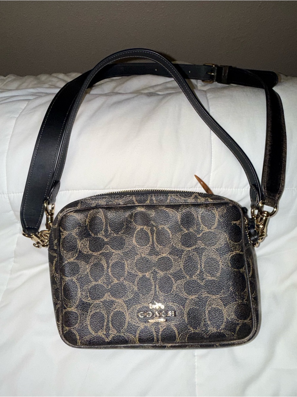 Coach Brown Signature Canvas Crossbody with Black Strap